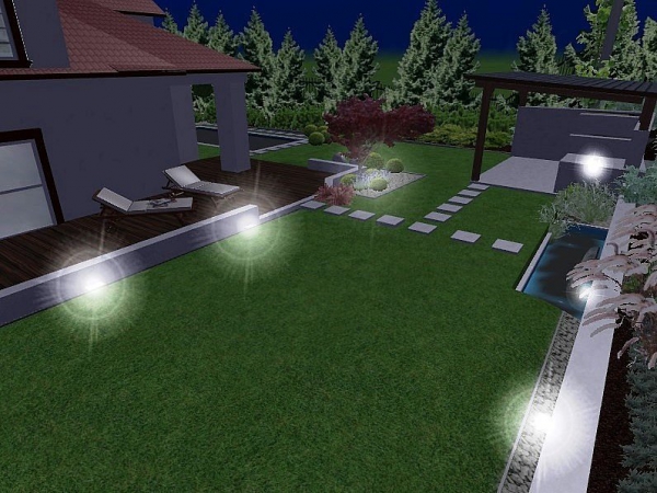 projekt minimalistycznego ogrodu z basenem - widok w nocy