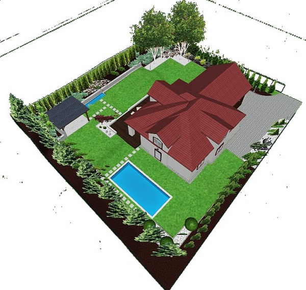 projekt minimalistycznego ogrodu z basenem - rzut z lotu ptaka